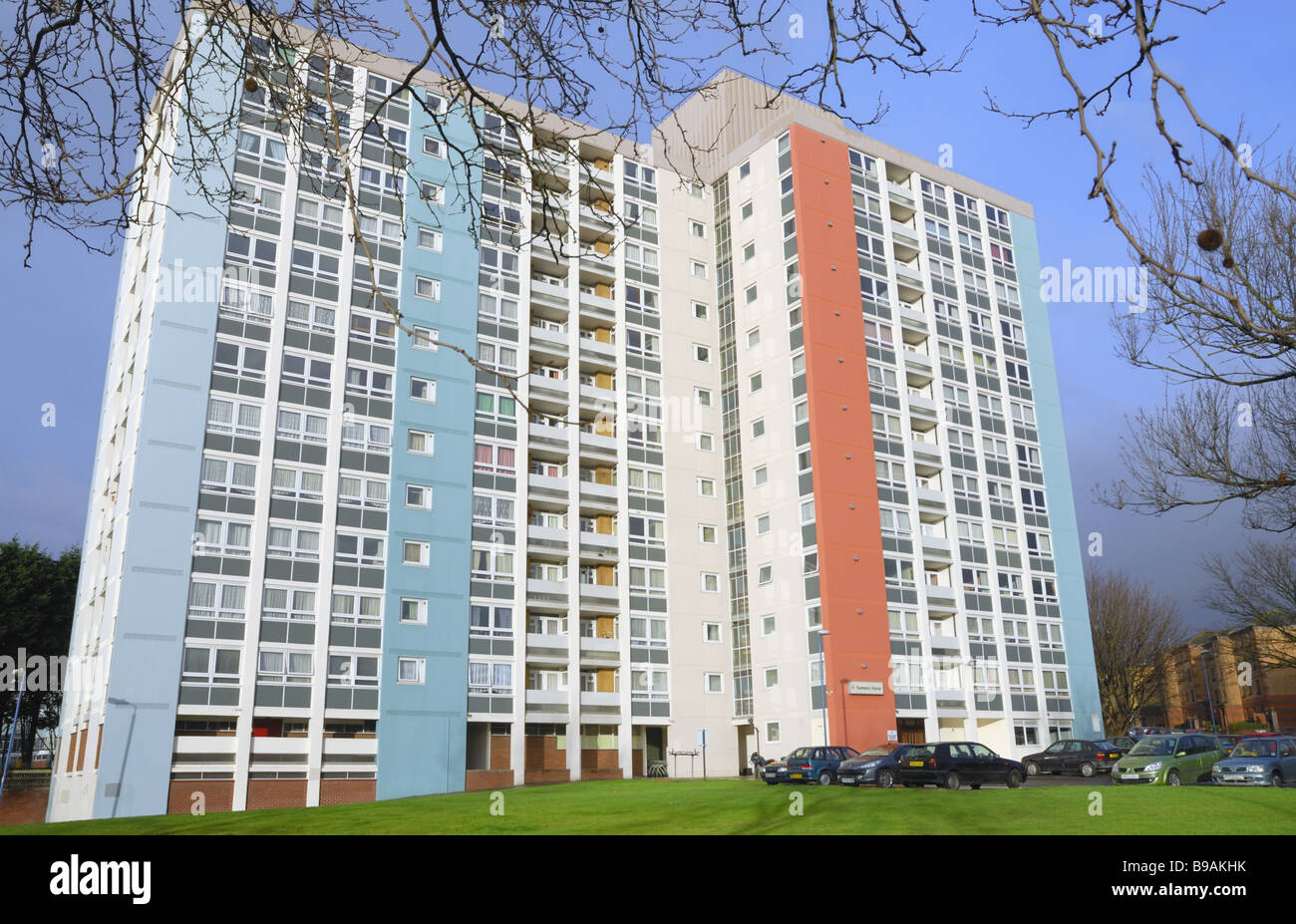 A newly painted 1960`s estate of flats blue sky, Redcliffe Bristol Stock Photo